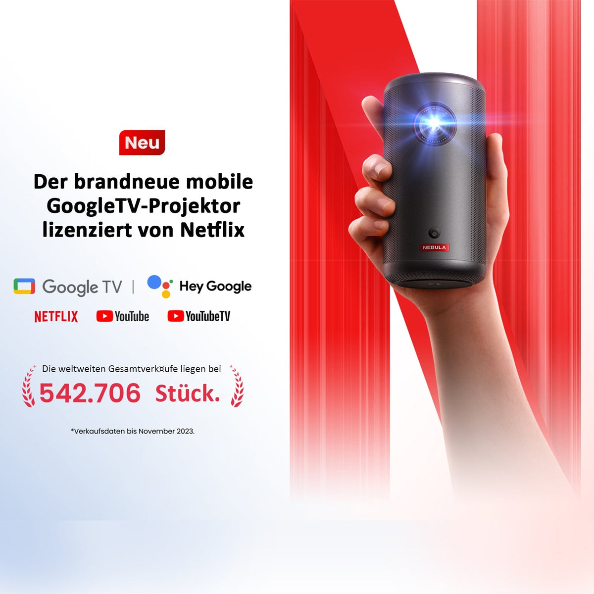 Laser Beamer NEBULA Capsule 3 Laser Projektor – Mini Beamer mit Akku, Full HD 1080p, Google TV, 300 ANSI, 120 Zoll