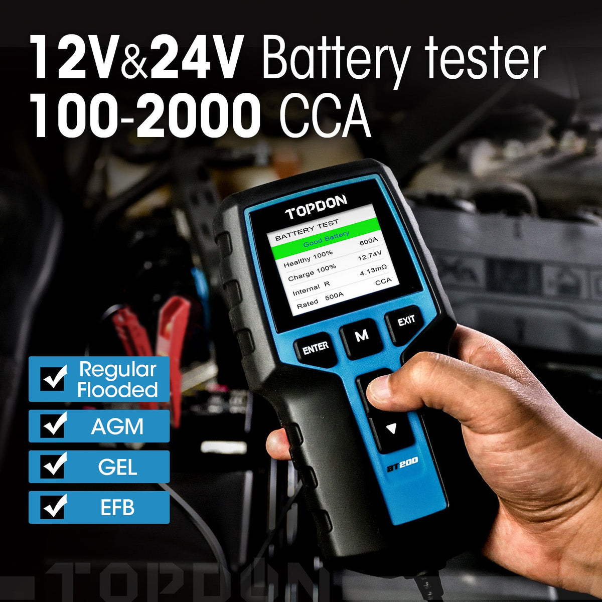 TOPDON BT200 battery tester in use on a vehicle