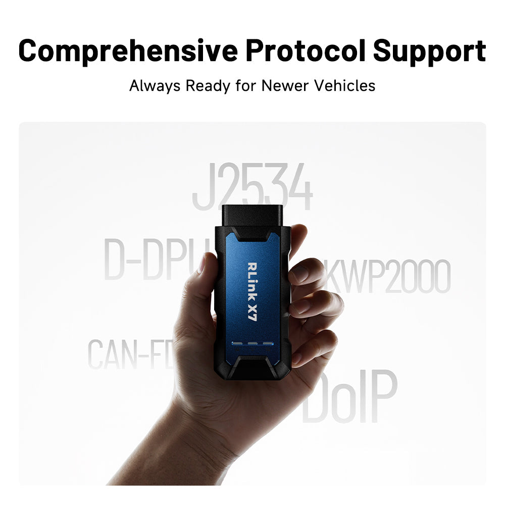Hand holding TOPDON RLink X7 with protocol support text in background
