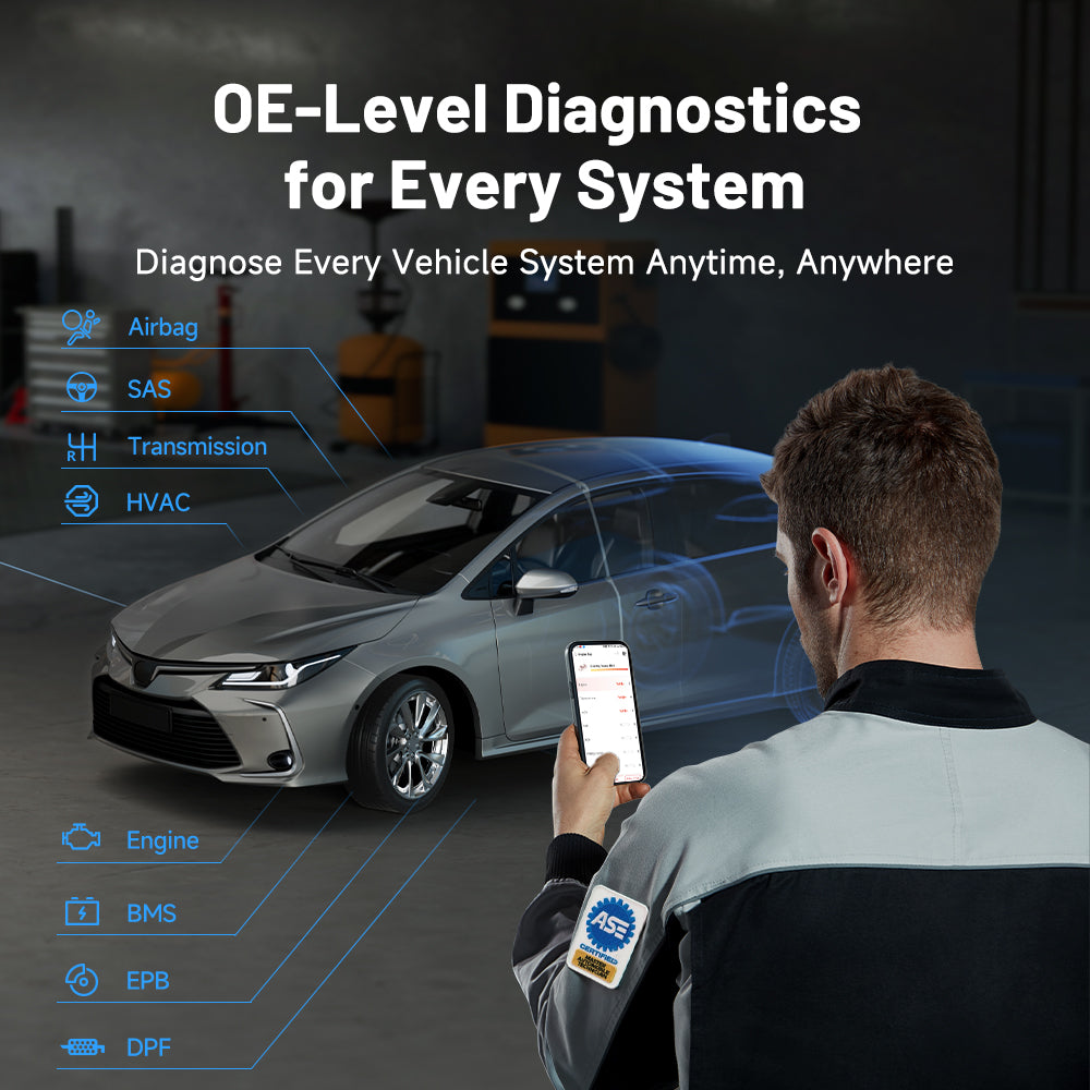 Technician diagnosing vehicle systems with TopScan tool