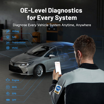 Technician diagnosing vehicle systems with TopScan tool