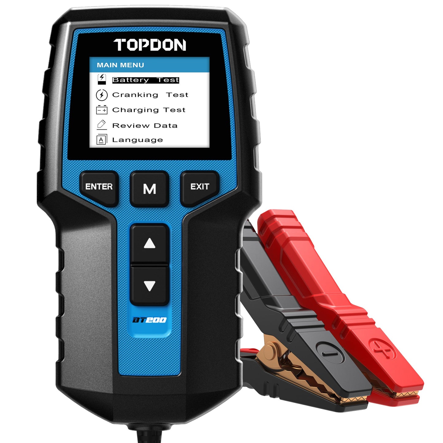 TOPDON BT200 battery tester with LCD display and clamps