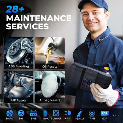 Technician holding ArtiDiag900 BT with maintenance services displayed