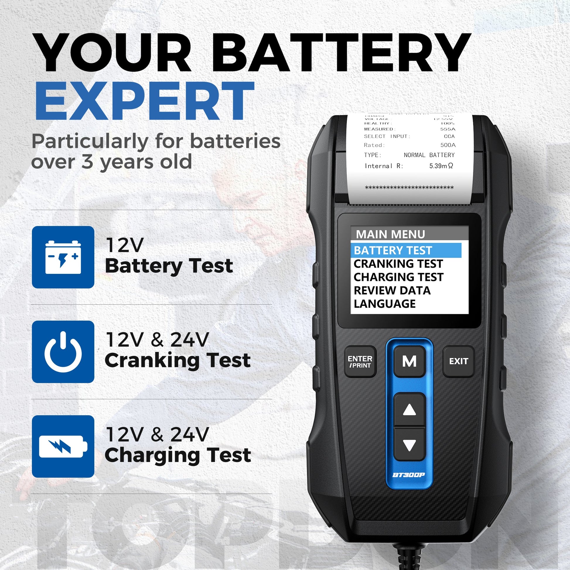 TOPDON BT300P battery tester with features highlighted