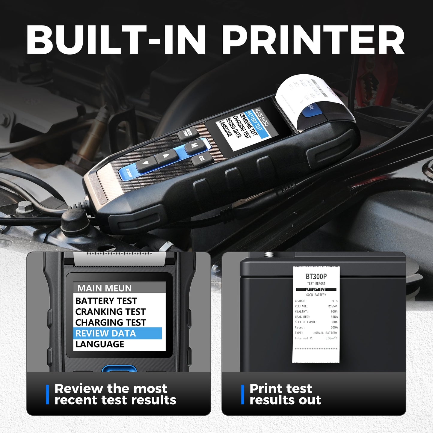 TOPDON BT300P showing built-in printer and results
