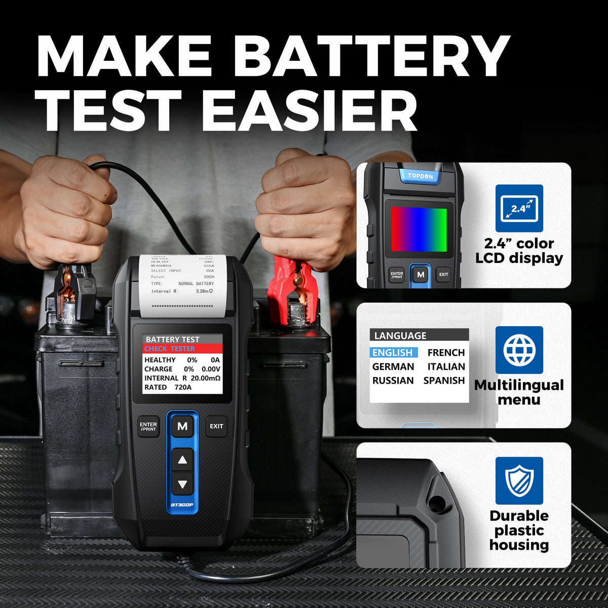 TOPDON BT300P in use with battery connections