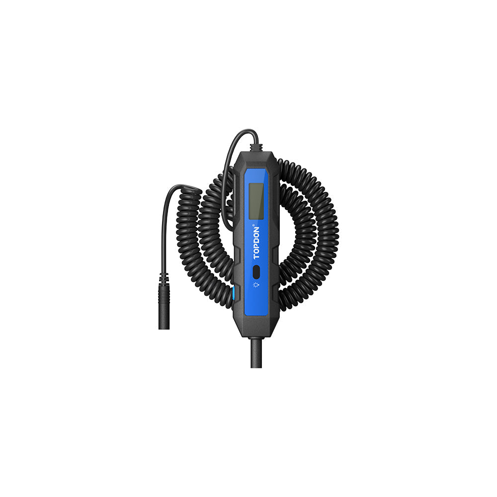Automotive circuit tester with coiled cable and display