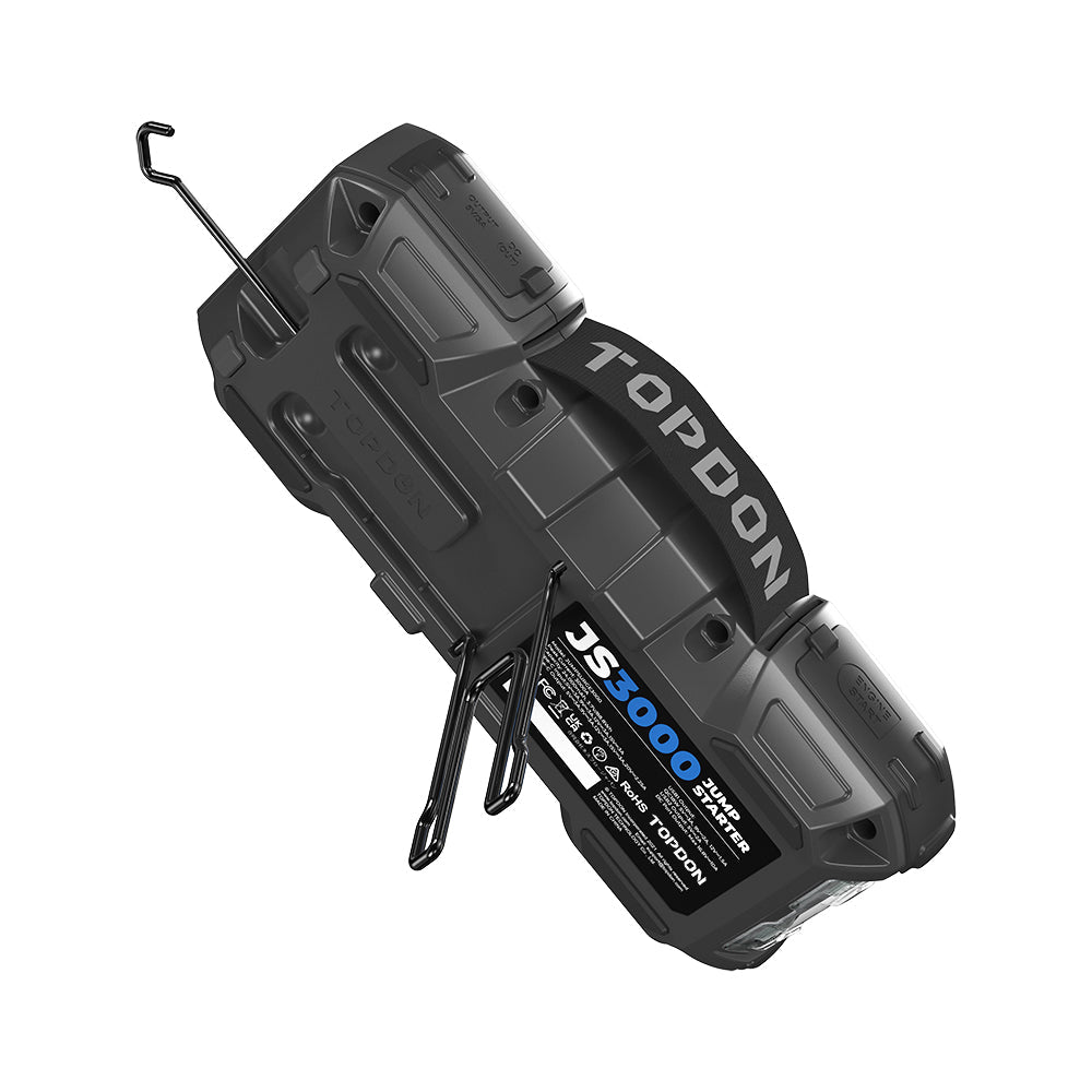 Bottom view of jump starter with clamp holder