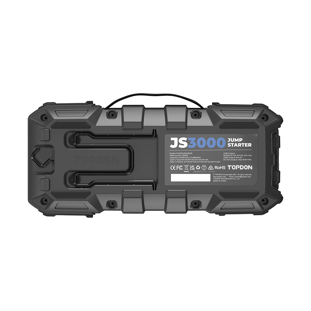 Bottom view of jump starter with branding
