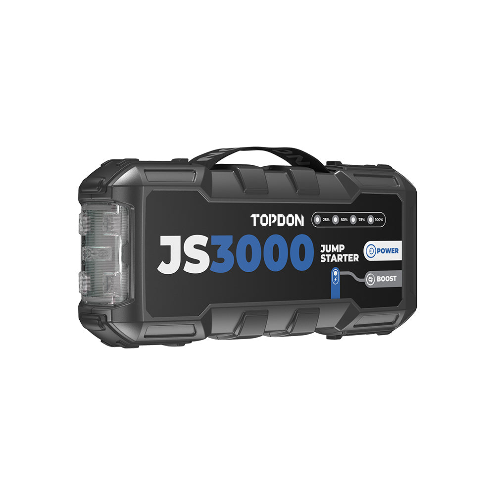 Side view of jump starter with power features