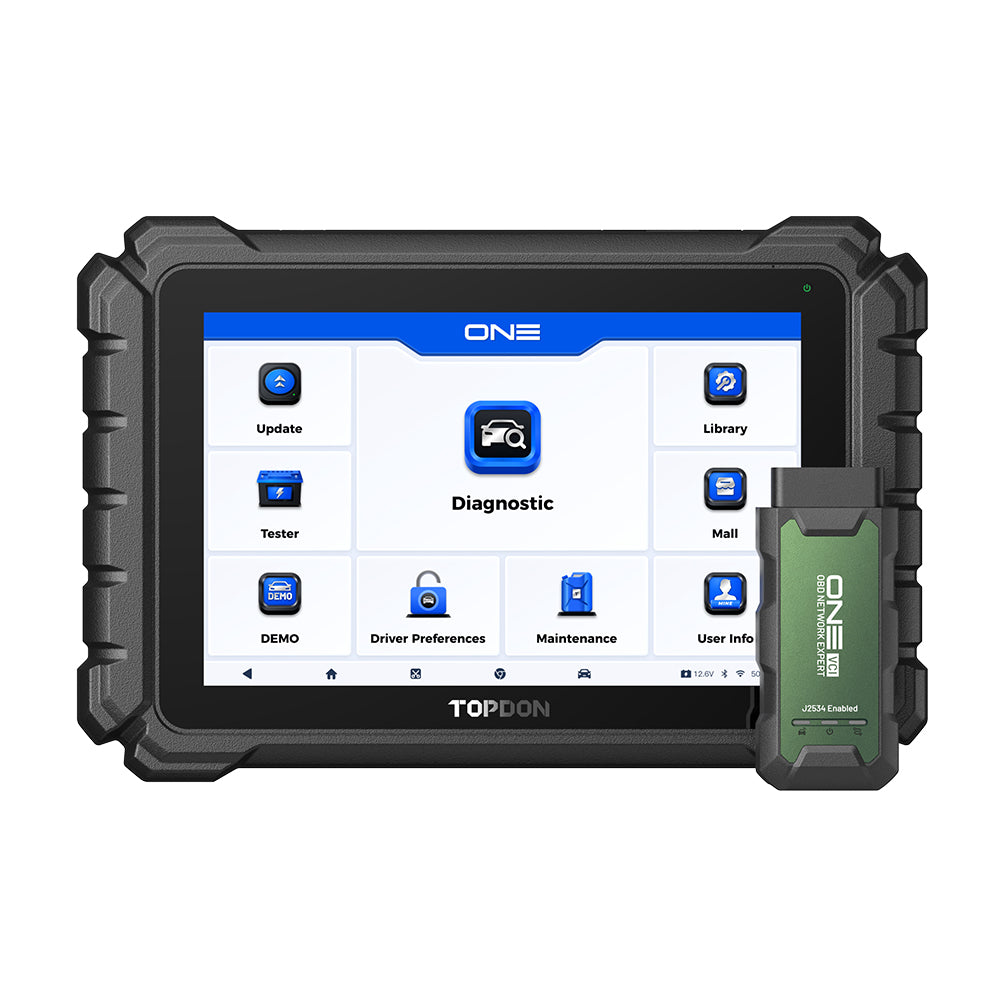 TOPDON ONE diagnostic tool with touchscreen display and green connector