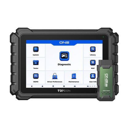 TOPDON ONE diagnostic tool with touchscreen display and green connector