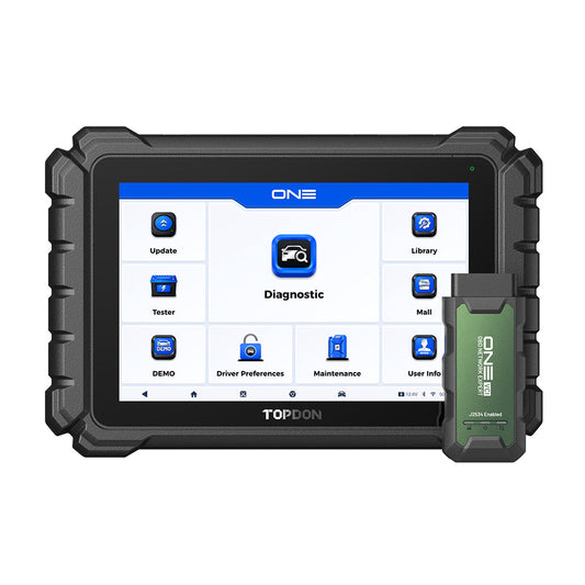 TOPDON ONE diagnostic tool with touchscreen display and green connector