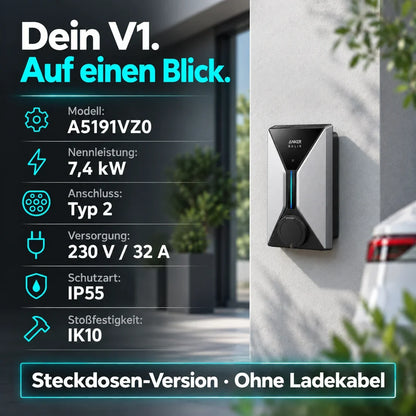 Anker SOLIX V1 Wallbox – 7,4 kW, Typ-2-Steckdose