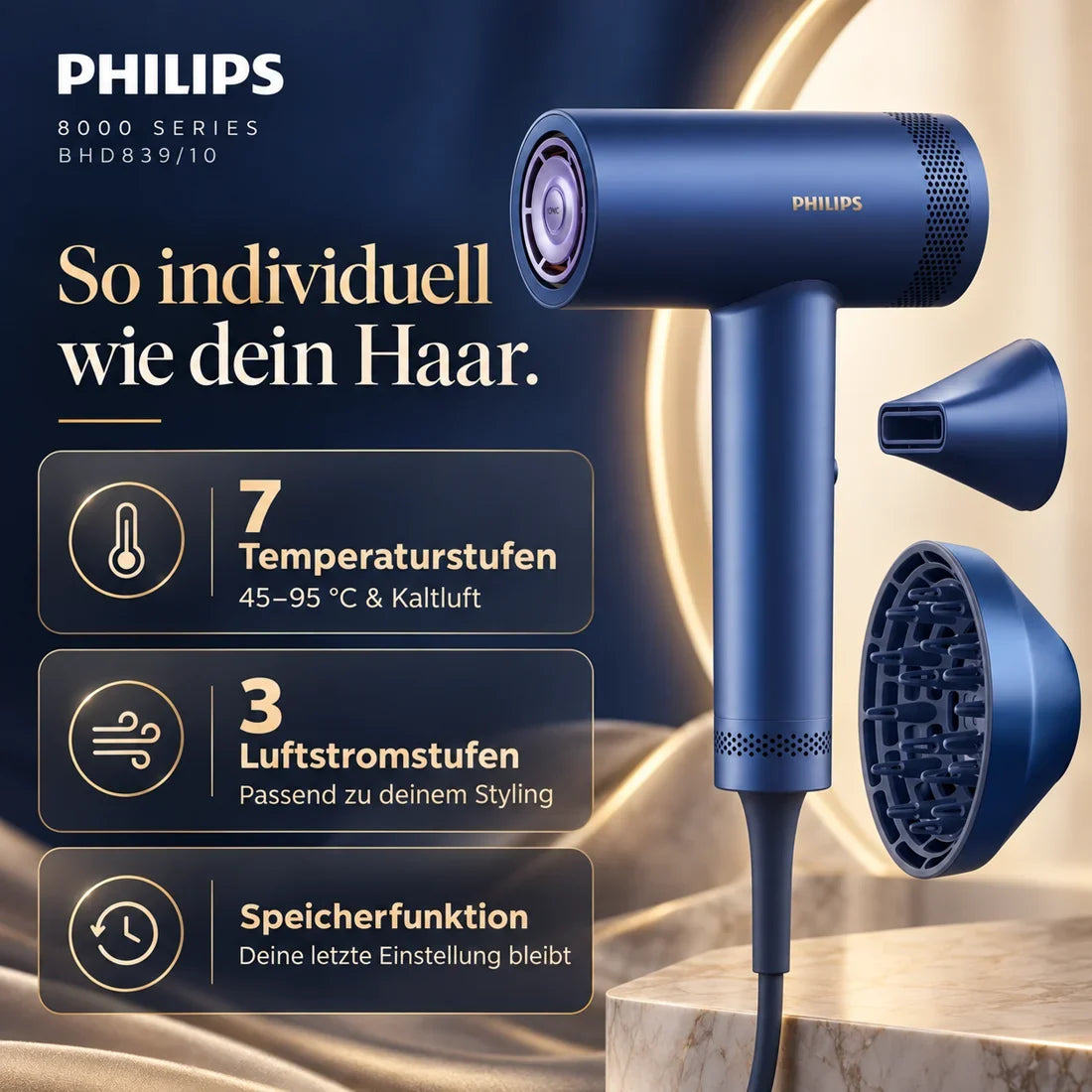 Philips 8000 Series BHD839/10 – Haartrockner mit ThermoShield Advanced, Meeresblau