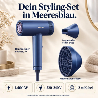 Philips 8000 Series BHD839/10 – Haartrockner mit ThermoShield Advanced, Meeresblau